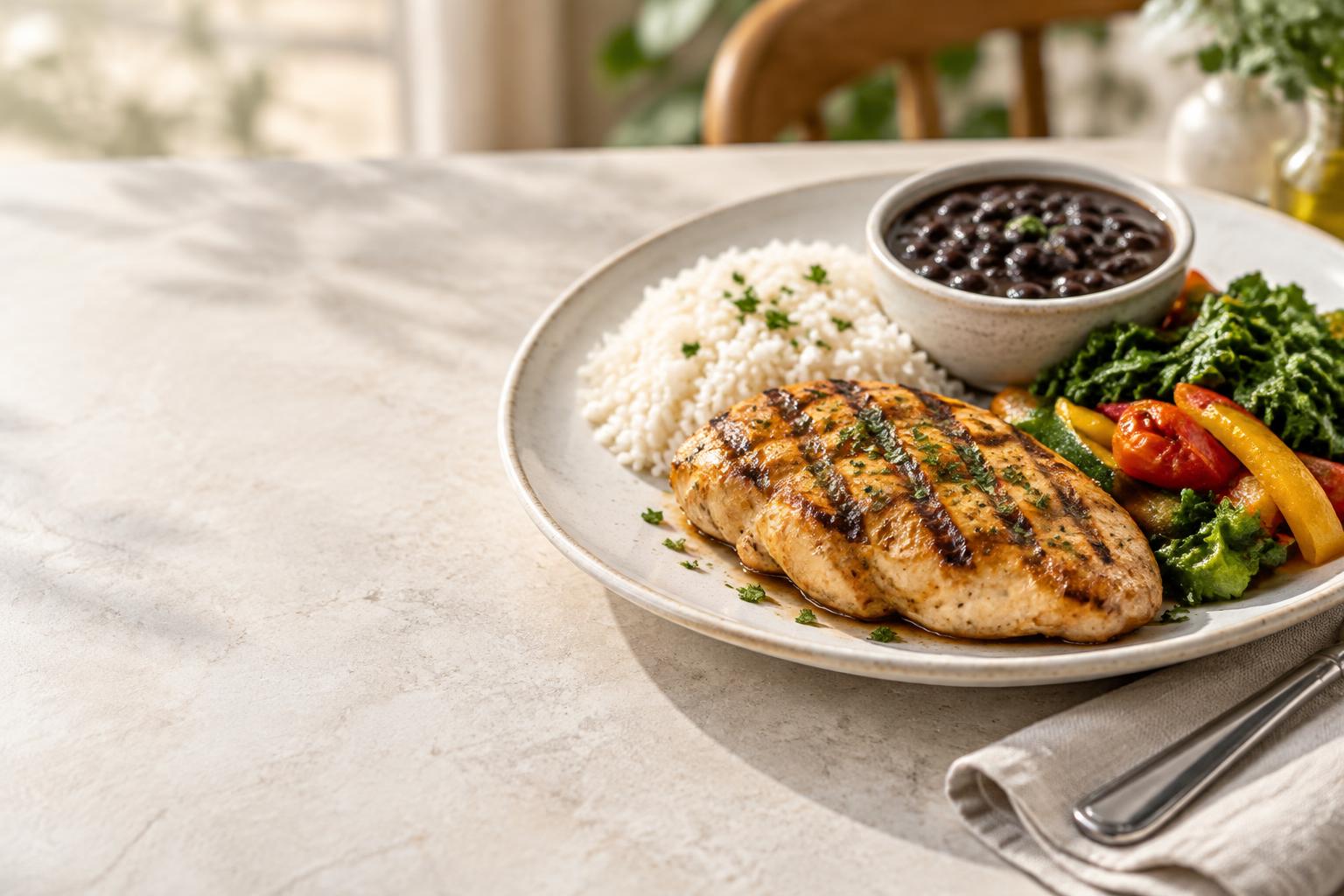 Frango grelhado com arroz, feijão e legumes frescos